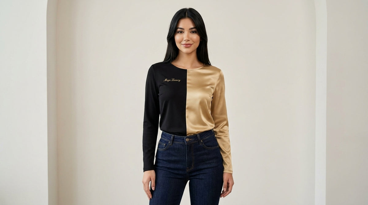 Conjunto Maya Luxury – Blusa Preta & Dourada com Jeans Escuro 🖤✨