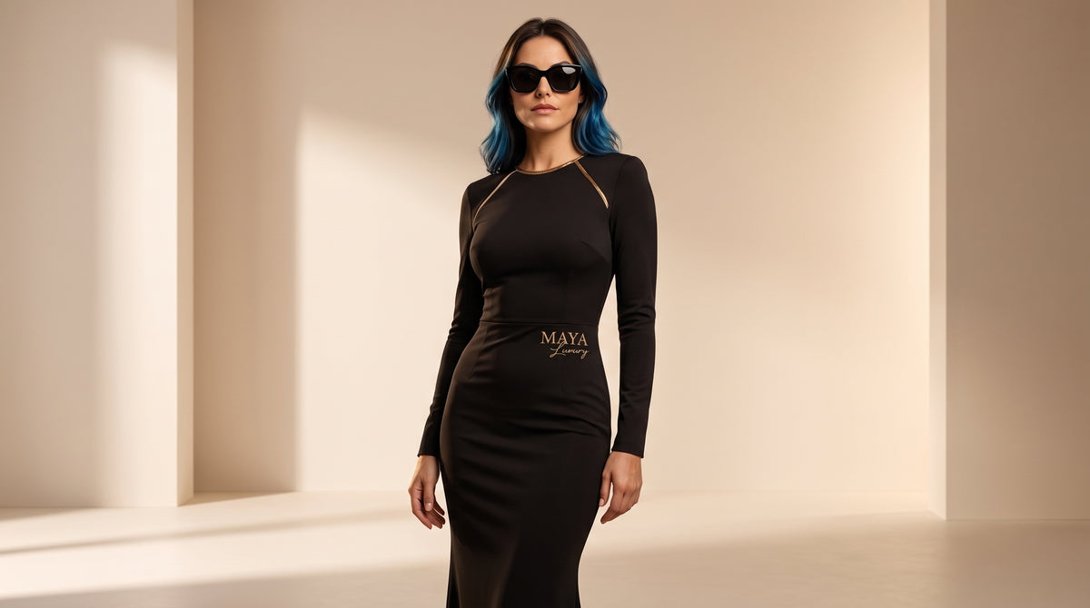 A única forma de pagamento é via criptomoeda. Chame no WhatsApp: +55 11 97263-1689 — Maya Signature Black & Gold — Vestido Couture de Luxo
