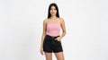 CONJUNTO BLUSINHA ROSA + SHORT JEANS PRETO